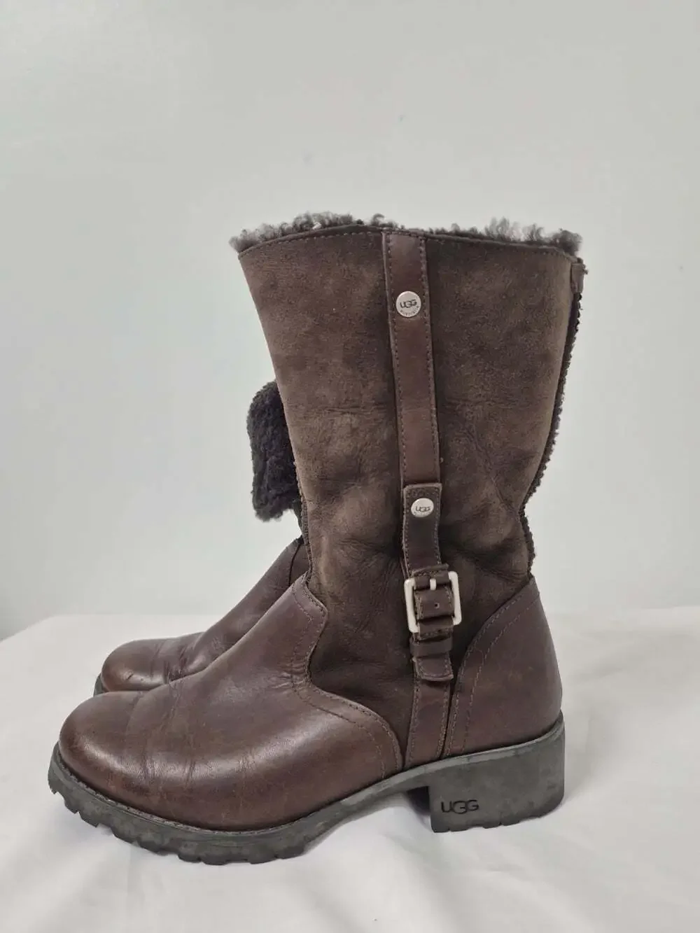 UGG Australia Bellevue 1914 Shearling Leather Fold Down Boots Brown sz 8